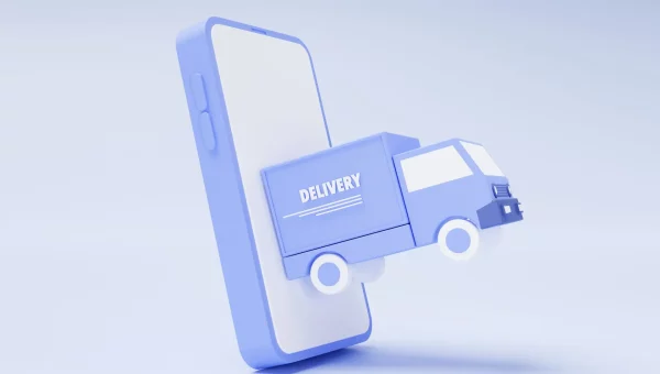 Smartphone with Delivery truck transport shipping fast deliver carrier logistics icon sign or symbol e-commerce concept on blue background 3d illustration